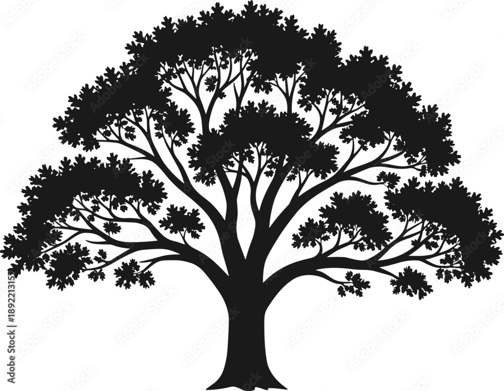 Obraz premium Detailed, black, silhouette, of, a, large, oak, tree, with, spreading, branches, and, leaves, for, nature, forest, landscape, garden, environment, and, design.