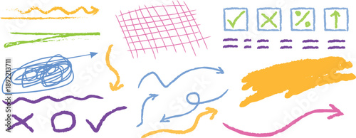 A colorful abstract composition of various hand drawn shapes and symbols