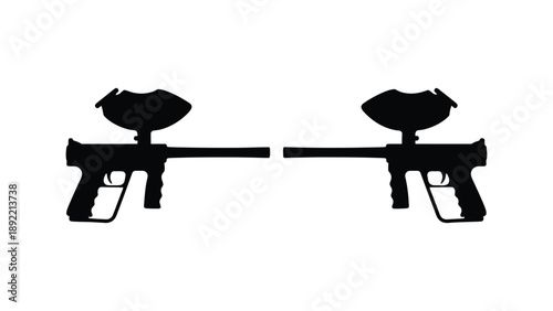 A pair of paintball guns facing each other in black silhouette