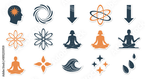 A serene collection of icons for meditation, mindfulness, and mental clarity, featuring yoga poses, abstract energy symbols, and nature.