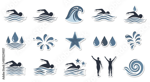 A dynamic set of monochrome icons for swimming and water sports, featuring various swimmer strokes, waves, and victory poses.