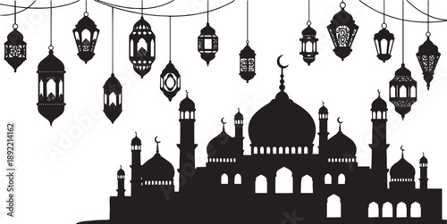 Islamic Mosque and Ramadan Lanterns Silhouette Vector Illustration Greeting Card Background