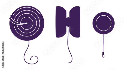 A stylized logo featuring three purple designs on a white background
