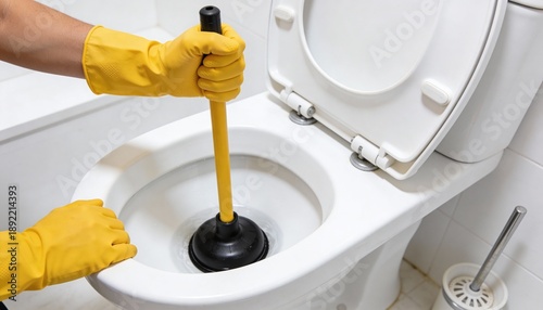 Person in yellow gloves using a plunger to fix a blocked toilet bowl in a clean, white bathroom setting.