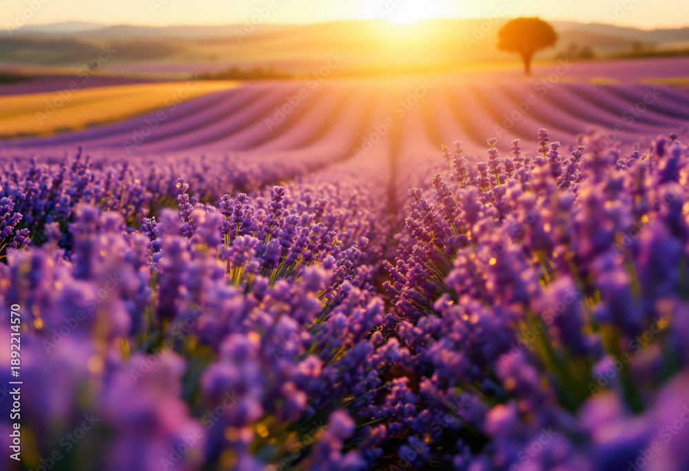 Fototapeta premium Beautiful Purple Lavender Field Rows Under Golden Sunrise or Sunset Light.