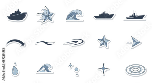 A sleek and modern icon set with maritime and motion themes, featuring ships, waves, and stylized arrows in a cool color palette.