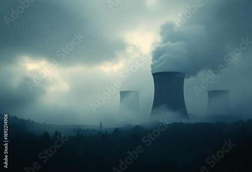 Konstfotografi Dark Nuclear Power Plant Cooling Towers Rising Above a Moody Foggy Forest Landsc