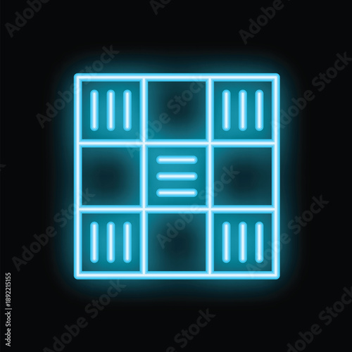 Blue neon sign of a tic tac toe game glowing on a brick wall