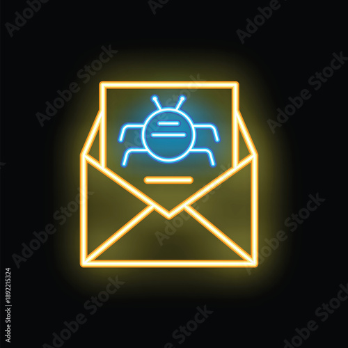 Glowing neon icon of a cyber security threat with an open envelope containing a letter with a computer bug