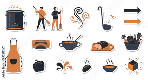 A sticker collection illustrating communal cooking and soup kitchen activities, with icons for a large pot, serving food, and ingredients.