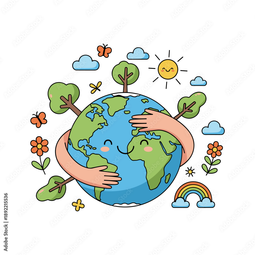 Fototapeta premium Cute Flat Cartoon Illustration of a Smiling Earth being Hugged, with Nature Elements, Eco Awareness Illustration. environmental awareness, sustainability, Earth Day campaigns, kids education, posters.