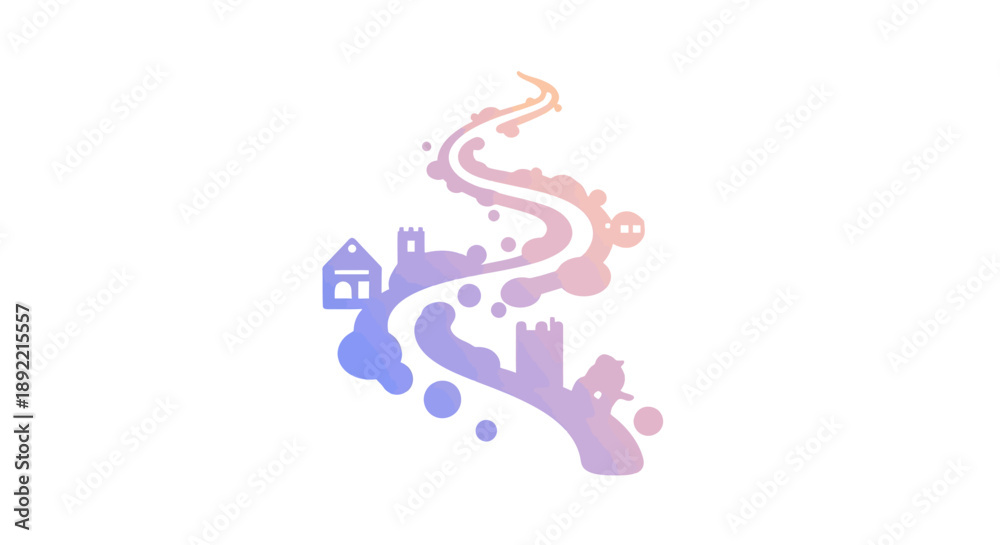 Fototapeta premium Abstract path with castles and houses in gradient colors.