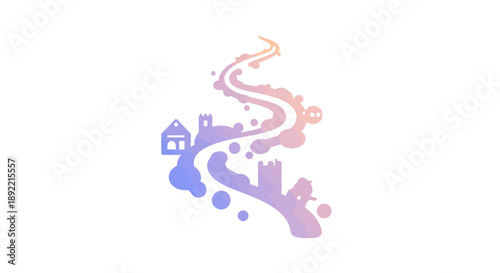 Abstract path with castles and houses in gradient colors.