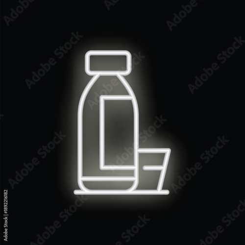 White neon icon of a medicine bottle with a pill box open in front, glowing on a black background