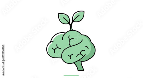 Green Brain with Growing Plant Symbolizing Growth and Ideas.
