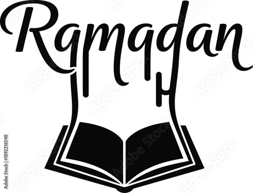 Ramadan calligraphy with open Quran book Muslim holy month icon. 