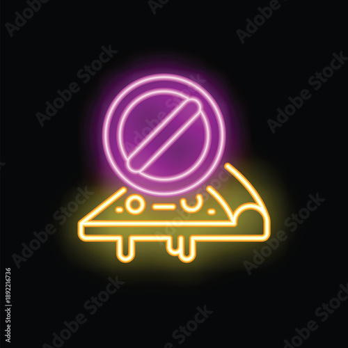 Neon sign showing a stop sign over a slice of pizza symbolizing a gluten free diet