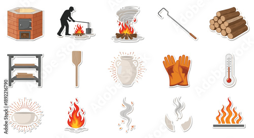 A sticker collection illustrating the ancient art of pottery firing, featuring a kiln, an open fire, tools, and finished ceramic pieces.