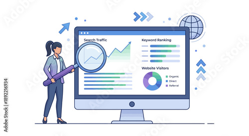 Flat 2D vector illustration of SEO marketing analytics showing website traffic growth charts and ranking analysis