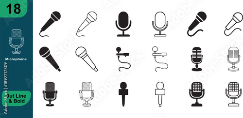 Microphone flat and line icon set silhouette vector, bold outline EPS for audio media design.