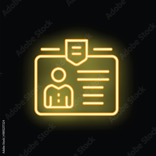 Glowing neon icon of an id card with personal details, representing identification and security concepts