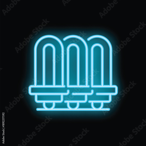 Neon icon of train carriages for public transportation glowing on black background