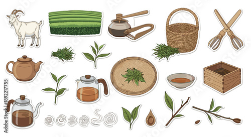 A hand-drawn sticker set illustrating a traditional tea ceremony, featuring a goat, tea fields, and various teaware and accessories.