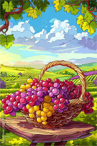 a bountiful harvest scene. A wicker basket overflowing with red, purple, and yellow grapes sits on a wooden table. The background features a sunny vineyard landscape with rolling green hills