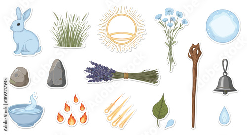 A whimsical sticker collection with elements of nature magic and pagan rituals, featuring a rabbit, lavender, a staff, and elemental symbols.