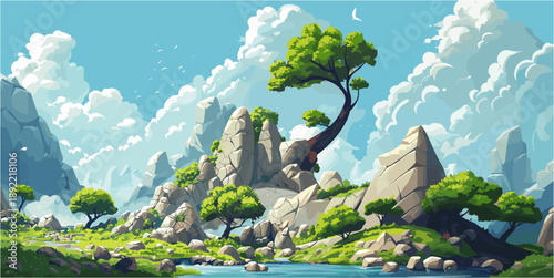 Panoramic cartoon vector illustration of a sunny nature landscape. Large grey rocks and boulders are scattered across green hills with trees, overlooking a calm blue river or stream