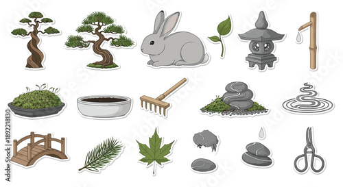 A serene, hand-drawn sticker set dedicated to the art of bonsai and Japanese gardens, featuring bonsai trees, a rabbit, and zen elements.