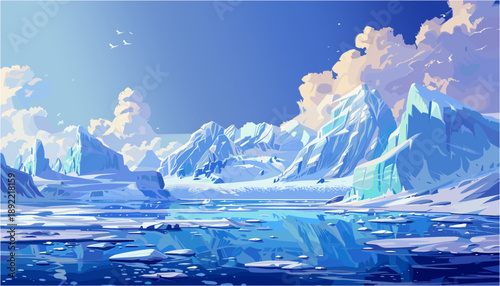 Digital painting of a majestic Arctic landscape. The scene features massive jagged icebergs and snow-covered mountains rising from a calm, freezing blue ocean. Fluffy clouds float in a bright sky