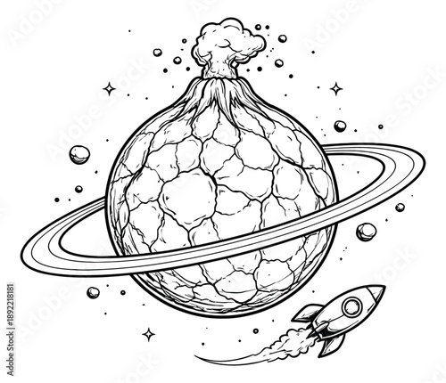 Hand drawn line art illustration of a textured planet with a volcano and rings depicting a rocket flying in space for cosmic exploration
