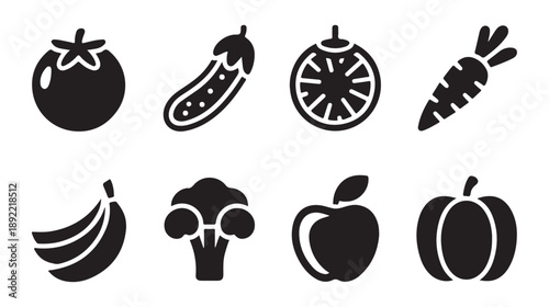 Vegetable and fruit icon set including tomato cucumber orange carrot banana broccoli apple and pumpkin icons