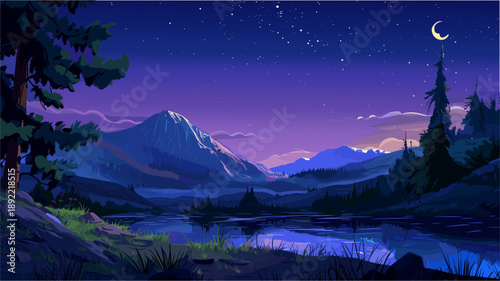 a peaceful night landscape. A glowing crescent moon shines in a starry dark blue sky above majestic mountain peaks. A calm lake reflects the mountains and stars, framed by silhouette pine trees