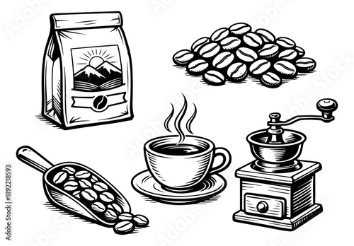 Hand drawn line art coffee elements set featuring coffee beans, a steaming cup, a grinder, and a bag for cafe menu design