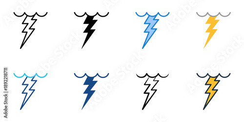 Lightning icons set multiple style collection. Editable stroke 
