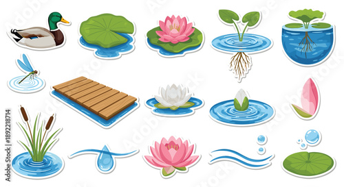 A vibrant sticker collection depicting serene pond life, featuring a duck, water lilies, a dragonfly, cattails, and a small wooden dock.