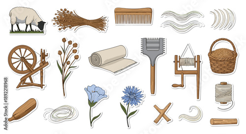 A hand-drawn sticker collection detailing the process of making linen from flax, including a spinning wheel, plants, thread, and weaving tools.