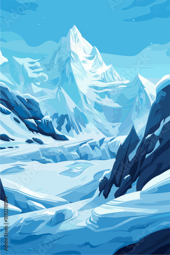 a majestic icy mountain landscape. High snow-capped peaks rise above a frozen glacier valley with rocky cliffs under a clear blue sky