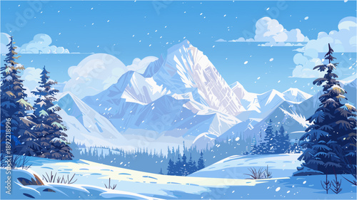 a majestic snowy mountain landscape. Winter scenery featuring snow-covered pine trees, falling snowflakes, and a large peak under a blue sky with clouds. Flat design nature background
