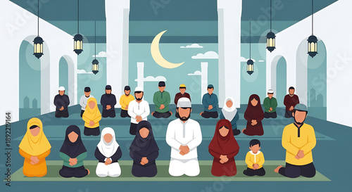 Muslim community offering prayers in a serene mosque, depicting faith, unity, and devotion during a spiritual gathering for worship and reflection