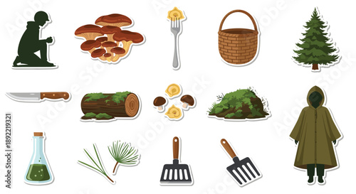 A sticker set about foraging in the forest, featuring a soldier, wild mushrooms, a basket, a pine tree, and other survival elements.