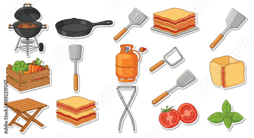 A collection of stickers for an outdoor barbecue or cookout, featuring a grill, cooking utensils, fresh vegetables, and prepared lasagna.