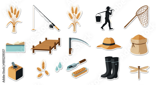 A sticker collection with a rustic theme of farming and fishing, including wheat, a fishing rod, a farmer's silhouette, and a scythe.