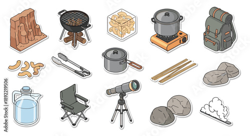 An isometric sticker collection for camping and stargazing in a canyon, featuring a barbecue, a telescope, a backpack, and cooking equipment.