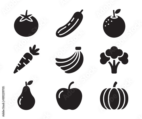 Fruit and vegetable silhouette icons set with tomato cucumber orange carrot banana broccoli pear apple pumpkin