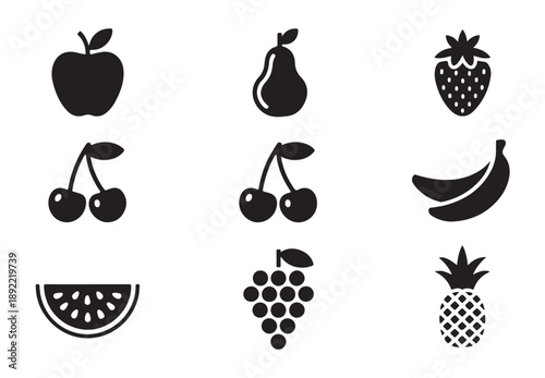 Collection of isolated black fruit icons, featuring apple, pear, strawberry, cherries, banana, watermelon, pineapple