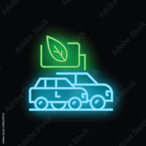 Neon sign representing two electric cars sharing a charging station, adorned with a green leaf, symbolizing eco friendly transportation and sustainable energy solutions