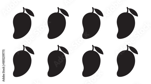Set of eight isolated black mango icons, various simple stylized mango fruit silhouettes on white background